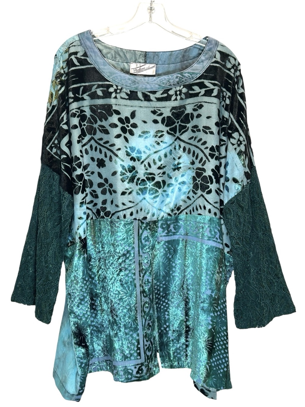 Sterling Styles Teal Artsilk Mixed Media Wearable Art Lagenlook Tunic - One Size